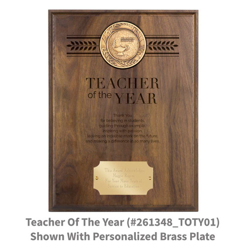 solid walnut plaque with brass medallion and teacher of the year message message