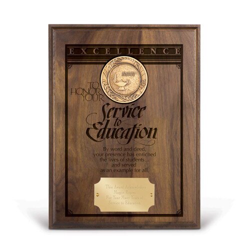 solid walnut plaque with brass medallion and service to education message