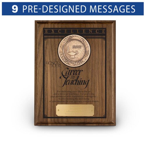 7x9 solid walnut plaque with brass medallion and career in teaching message