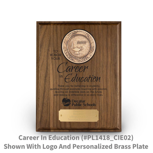 7x9 solid walnut plaque with brass medallion and career in education message