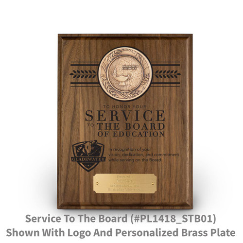 7x9 solid walnut plaque with brass medallion and service to the board message