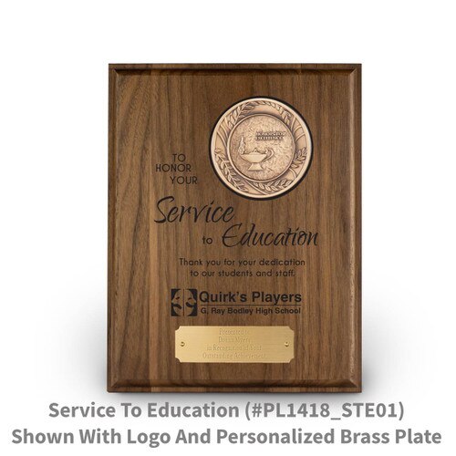 7x9 solid walnut plaque with brass medallion and service to education message
