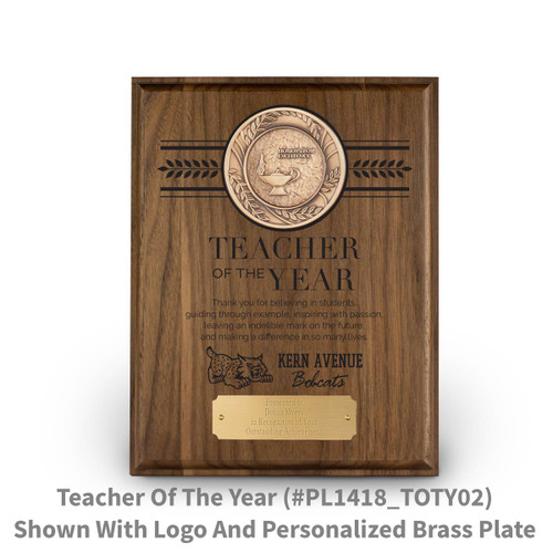 7x9 solid walnut plaque with brass medallion and teacher of the year message