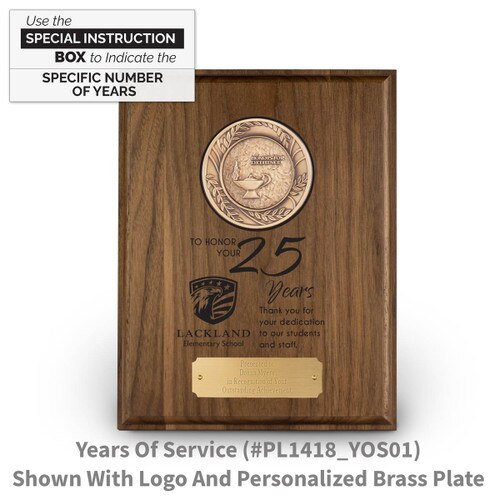 7x9 solid walnut plaque with brass medallion and years of service message