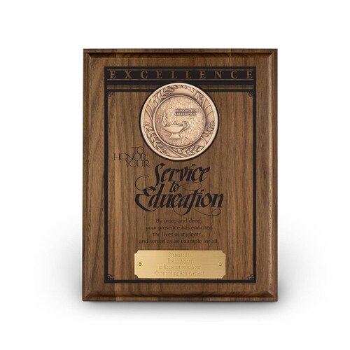 7x9 solid walnut plaque with brass medallion and service to education message