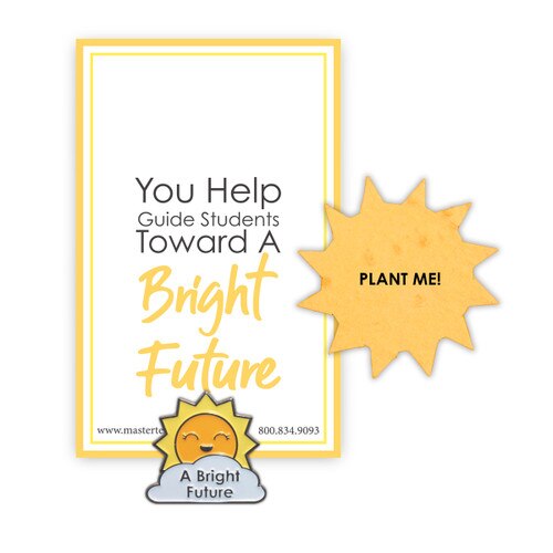 Bright Future lapel pin with presentation card and sun shape seed paper