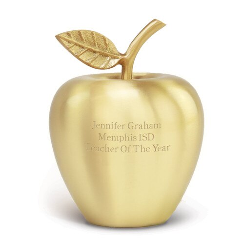 Brushed gold apple featuring brass stem and leaf.