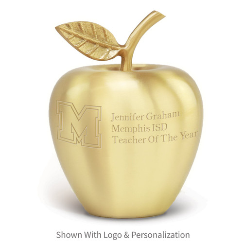brushed gold apple featuring brass stem and leaf with logo and personalization