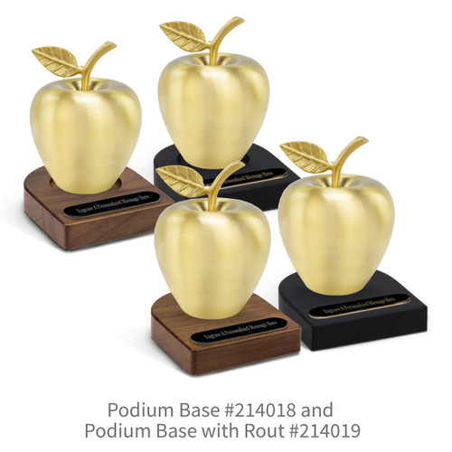 black and brown walnut podium bases with brushed gold apples