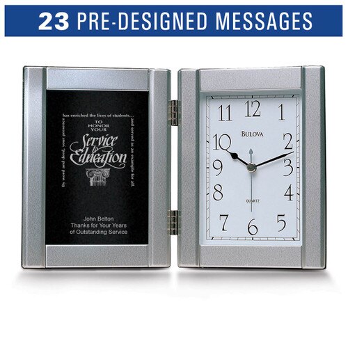 pewter framed clock with service to education message