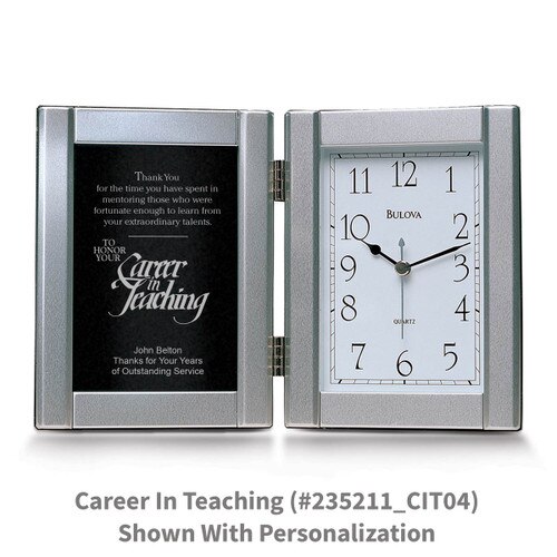 pewter framed clock with career in teaching message