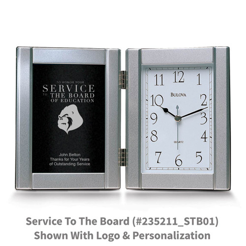 pewter framed clock with service to the board message