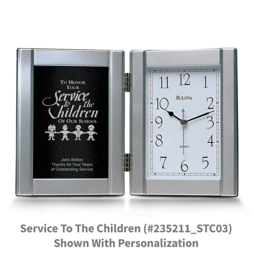pewter framed clock with service to the children message