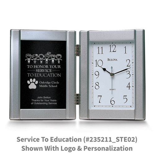 pewter framed clock with service to education message