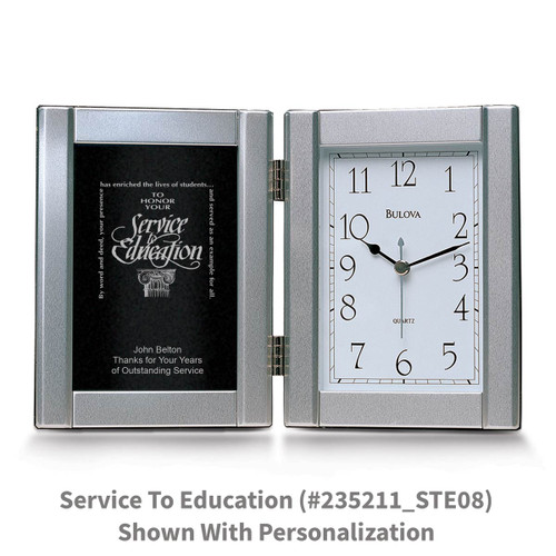 pewter framed clock with service to education message