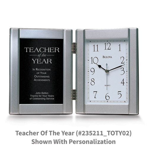 pewter framed clock with teacher of the year message
