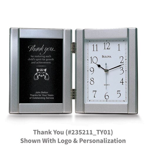 pewter framed clock with thank you message