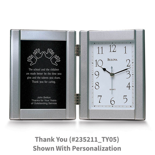 pewter framed clock award with thank you message