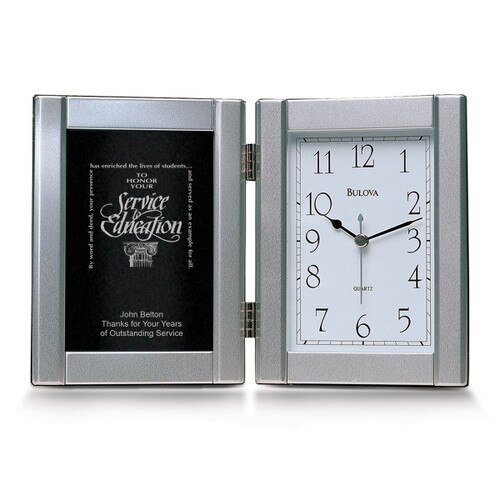 pewter framed clock with service to education message