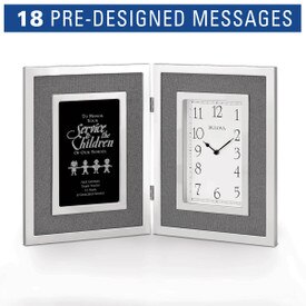 Bulova Large Silver Framed Clock featuring gray linen fabric accents and etched pre-designed recognition sayings