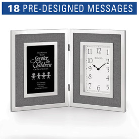 Bulova Large Silver Framed Clock featuring gray linen fabric accents and etched pre-designed recognition sayings
