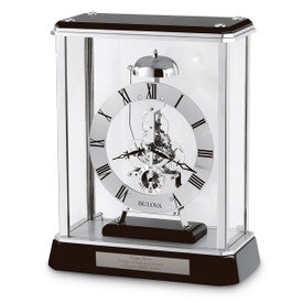 Bulova Vantage Clock featuring chrome-finished metal skeleton movement