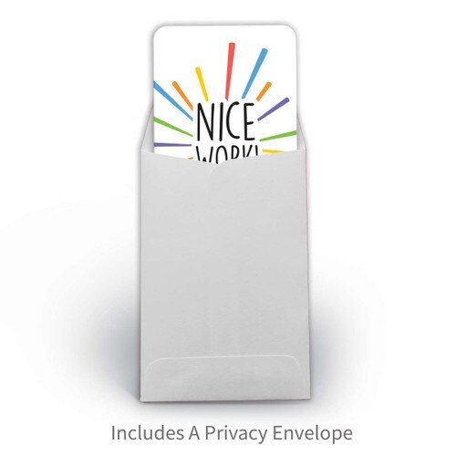 nice work praise card partly inserted into a white envelope