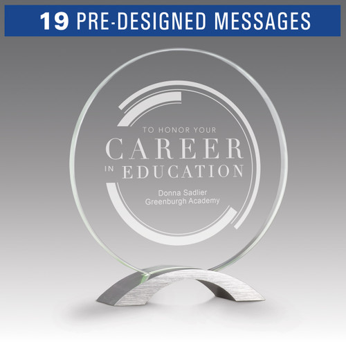 base award with circular jade tinted faceted glass and career in education message