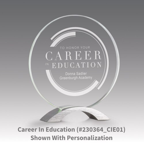base award with circular jade tinted faceted glass and career in education message