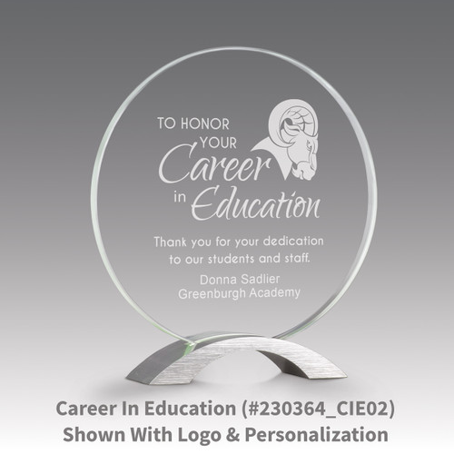 base award with circular jade tinted faceted glass and career in education message