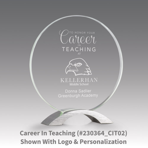 base award with circular jade tinted faceted glass and career in teaching message