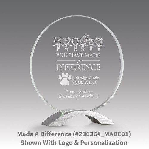 base award with circular jade tinted faceted glass and made a difference message