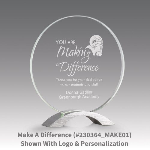 base award with circular jade tinted faceted glass and making a difference message