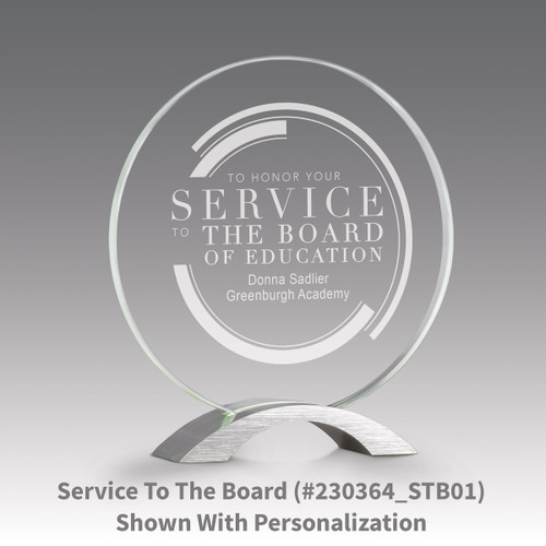 base award with circular jade tinted faceted glass and service to the board message