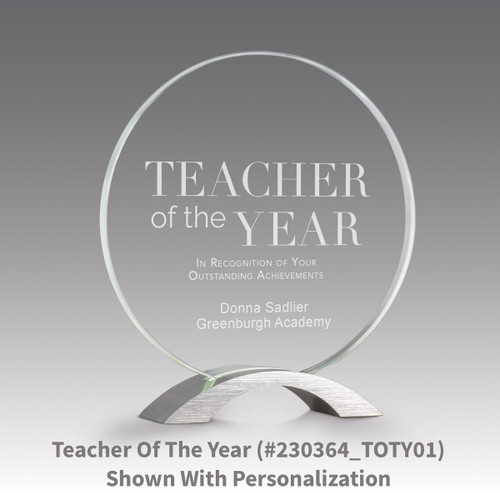 base award with circular jade tinted faceted glass and teacher of the year message
