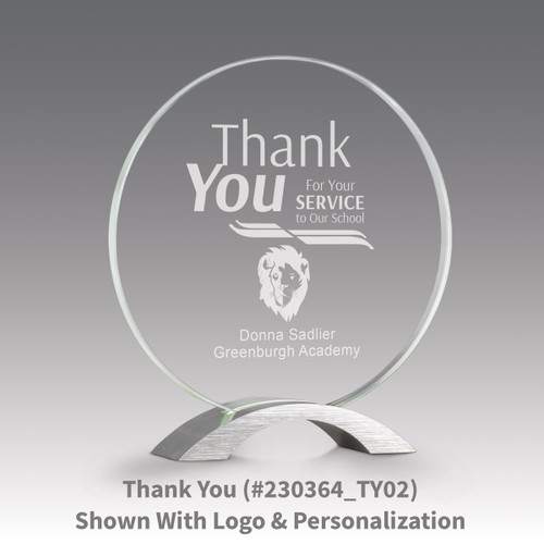 base award with circular jade tinted faceted glass and thank you message