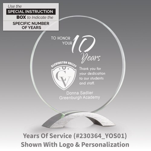base award with circular jade tinted faceted glass and years of service message