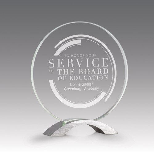 base award with circular jade tinted faceted glass and service to the board message