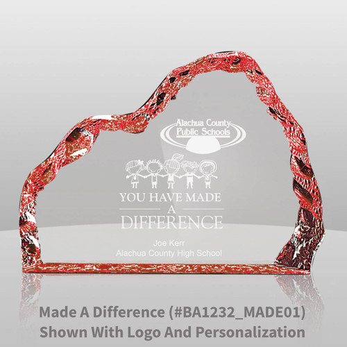red acrylic iceberg with made a difference message and personalization