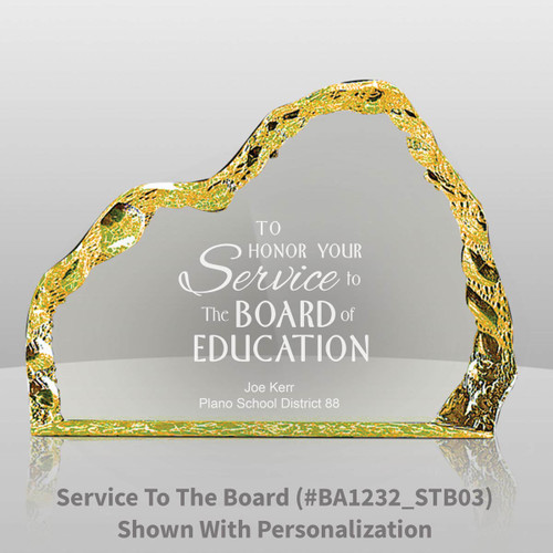 yellow acrylic iceberg with service to the board message and personalization