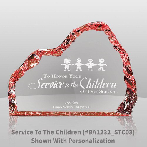 red acrylic iceberg with service to the children message and personalization
