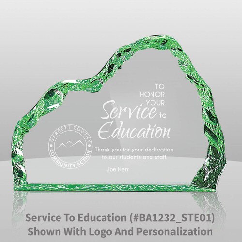 green acrylic iceberg with service to education message and personalization