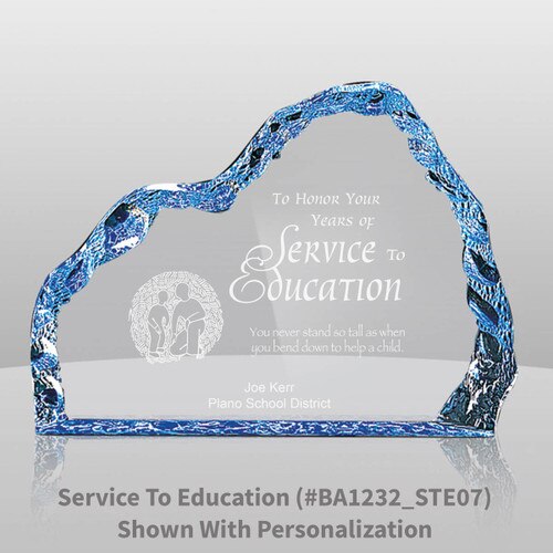 blue acrylic iceberg with service to education message and personalization