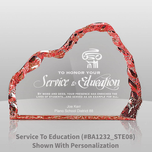 red acrylic iceberg with service to education message and personalization