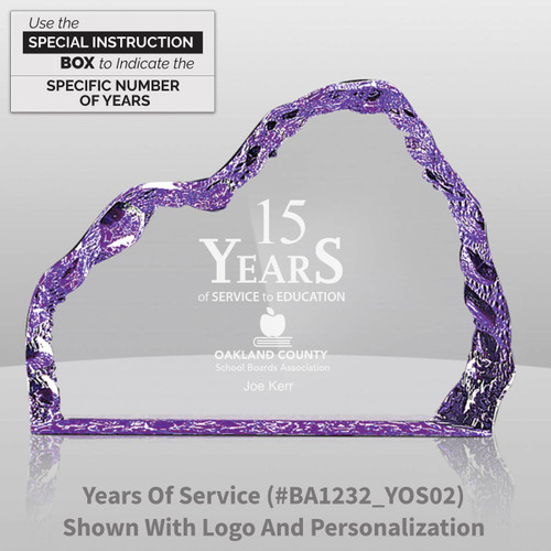 purple acrylic iceberg with 15 years of service message and personalization
