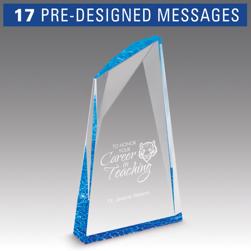 career in teaching message on an acrylic summit award with blue accent
