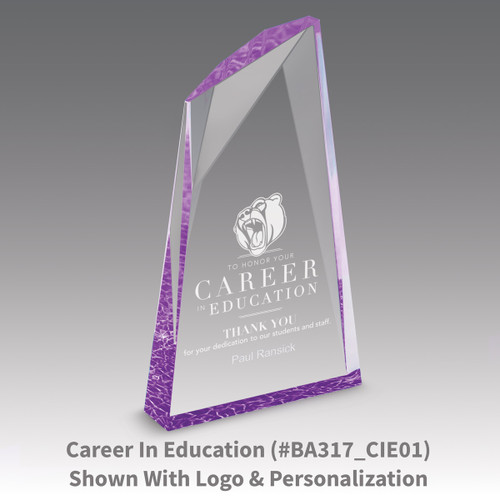career in education message on an acrylic summit award with purple accent