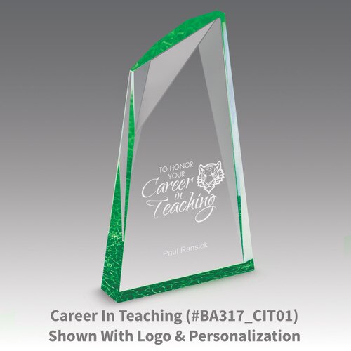 career in teaching message on an acrylic summit award with green accent