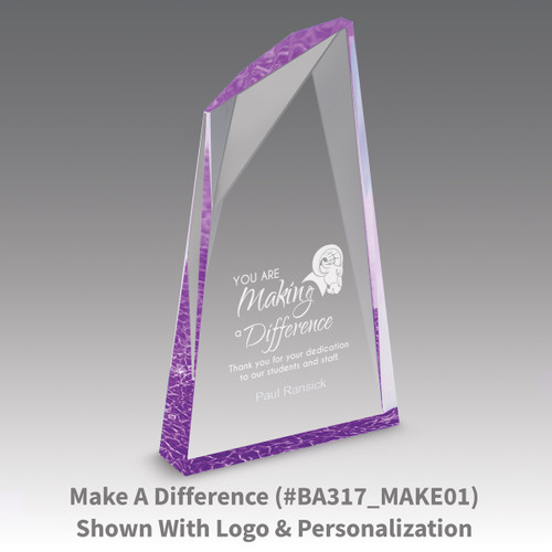 you are making a difference message on an acrylic summit award with purple accent