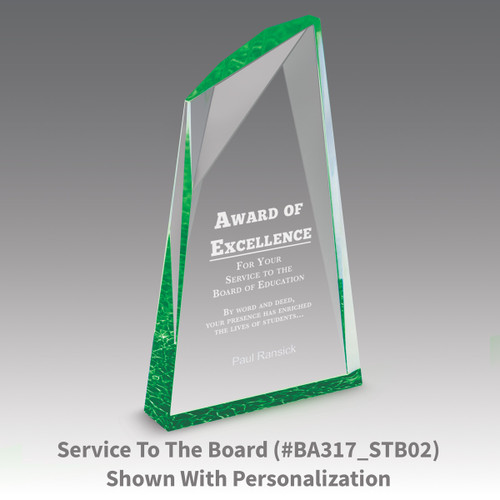 award of excellence message on an acrylic summit award with green accent